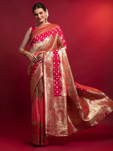 Modish Red Zari Floral Weaving Silk Festive Saree With Blouse
